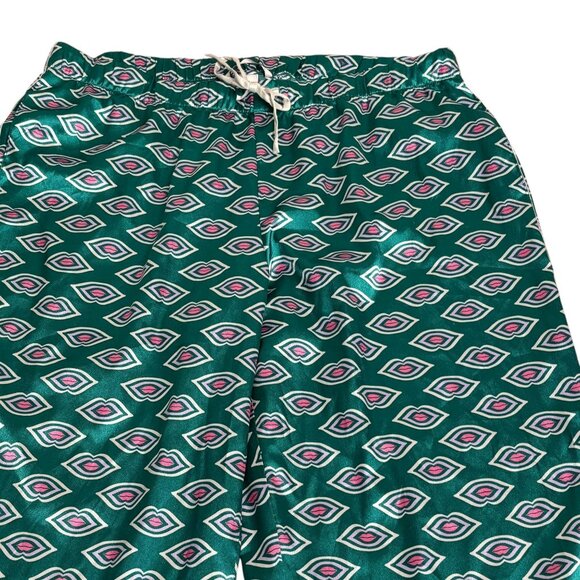Victorias Secret Satin Pajama Pants Large Green Pink Lips Kiss Elastic Waist - Picture 2 of 5